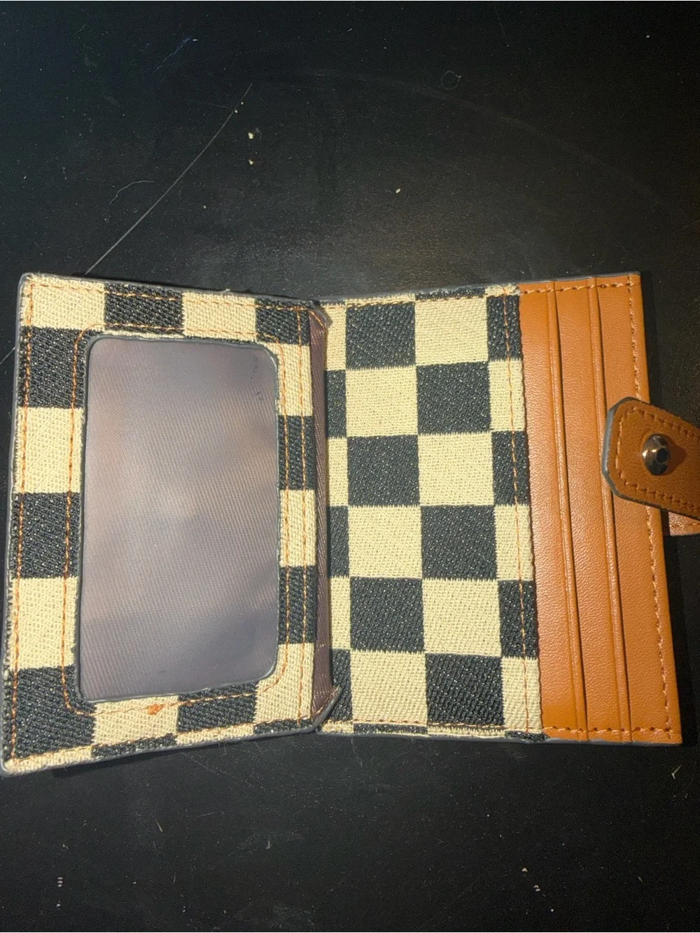Checkerboard Canvas Card Holder with Tan Leather Trim